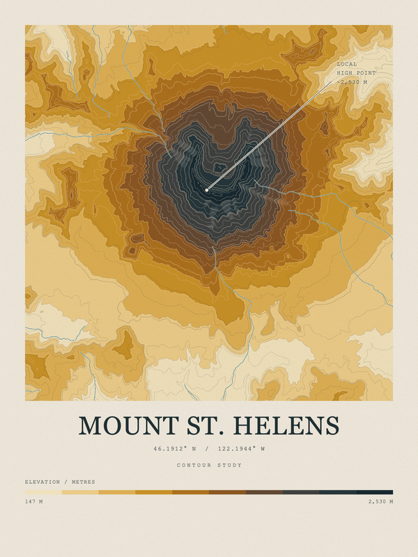 Mount St. Helens — Contour Colour print in Saffron & Slate