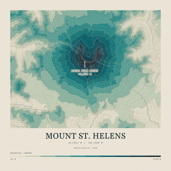 Mount St. Helens — Contour Colour print in Alpine Teal (square)