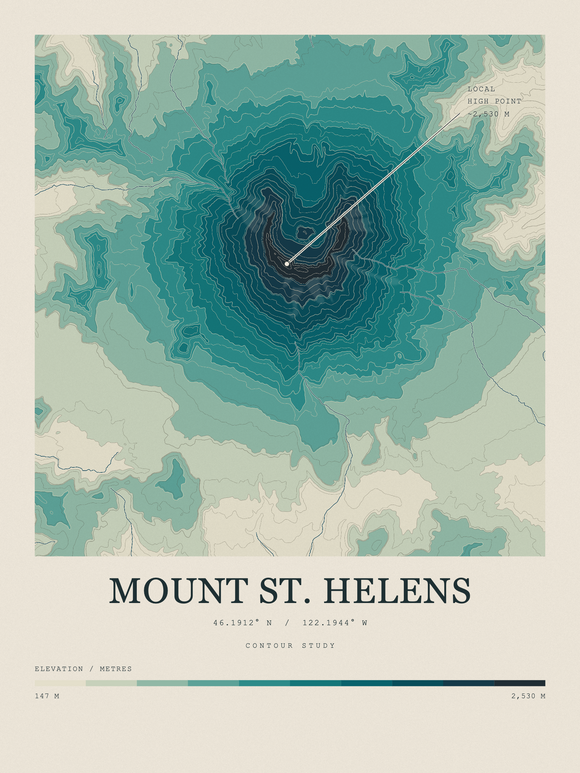Mount St. Helens — Contour Colour print in Alpine Teal