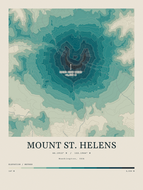 Mount St. Helens — Contour Colour print in Alpine Teal