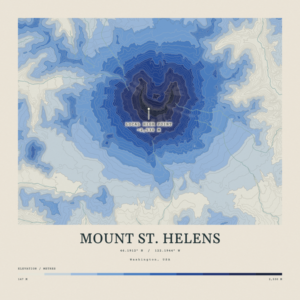 Mount St. Helens — Contour Colour print in Ultramarine (square)