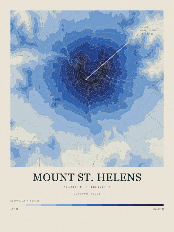 Mount St. Helens — Contour Colour print in Ultramarine