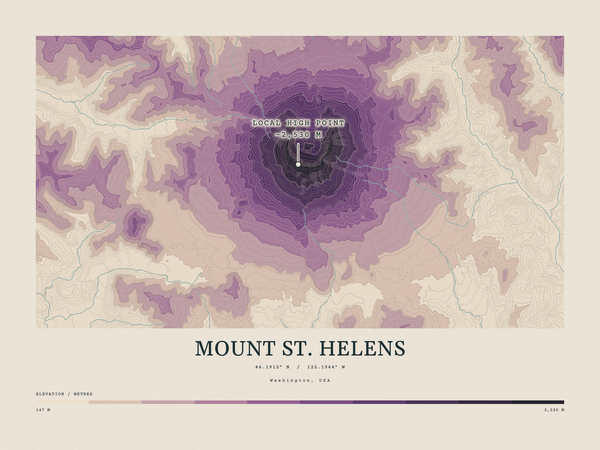 Mount St. Helens — Contour Colour print in Plum & Clay (landscape)