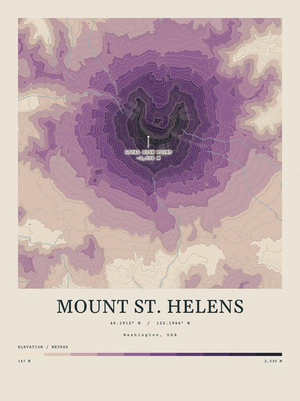 Mount St. Helens — Contour Colour print in Plum & Clay