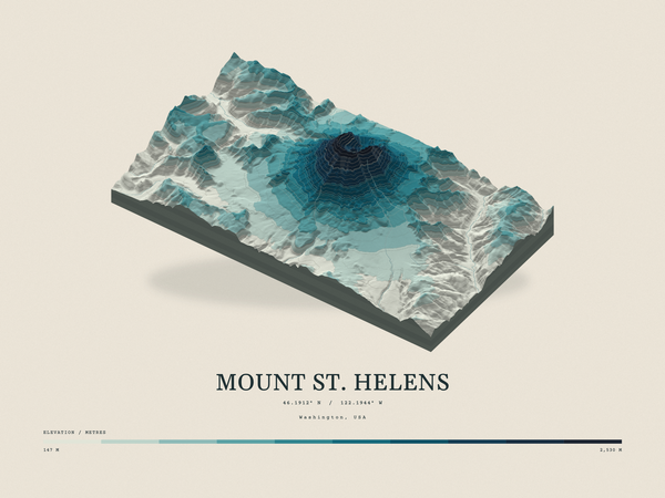 Mount St. Helens — Terrain Relief print in Fjord (landscape)