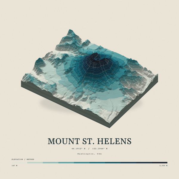 Mount St. Helens — Terrain Relief print in Fjord (square)