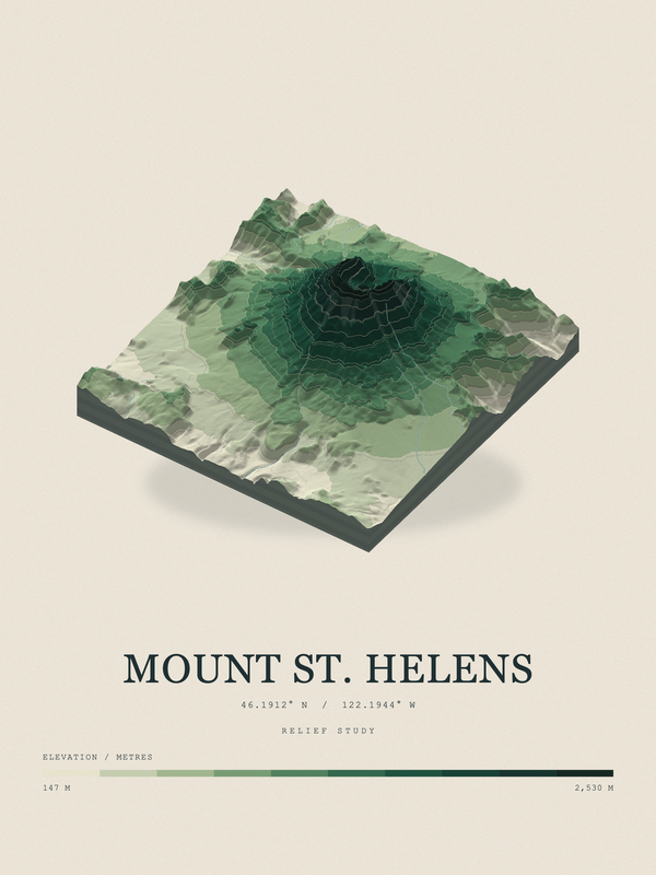 Mount St. Helens — Terrain Relief print in Forest Floor