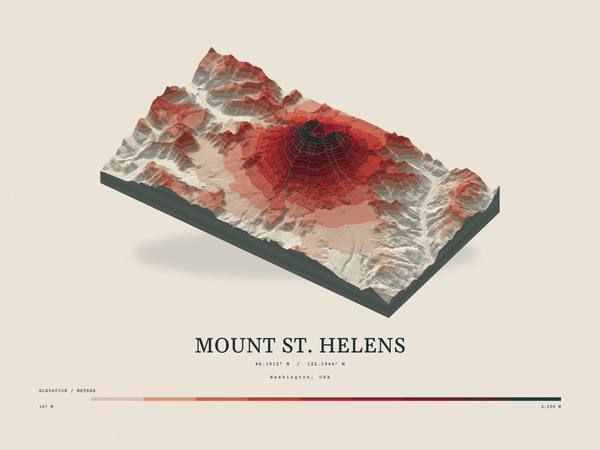 Mount St. Helens — Terrain Relief print in Red Earth (landscape)