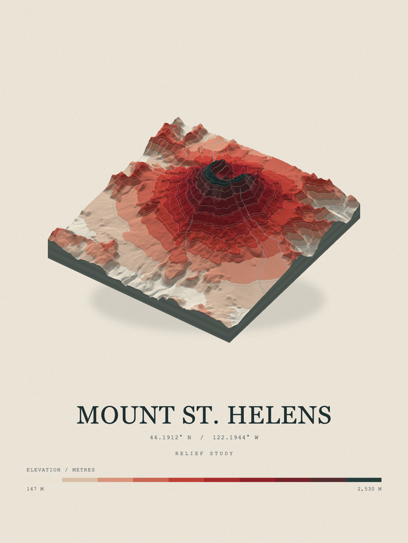 Mount St. Helens — Terrain Relief print in Red Earth