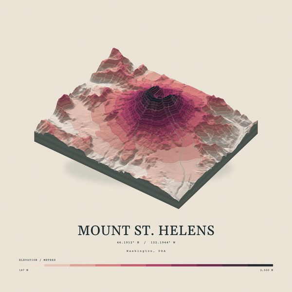 Mount St. Helens — Terrain Relief print in Rose & Stone (square)