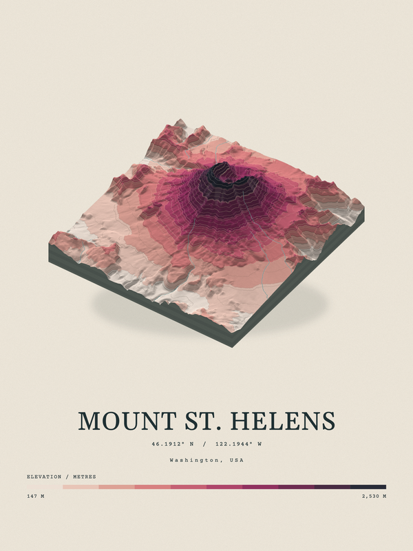 Mount St. Helens — Terrain Relief print in Rose & Stone