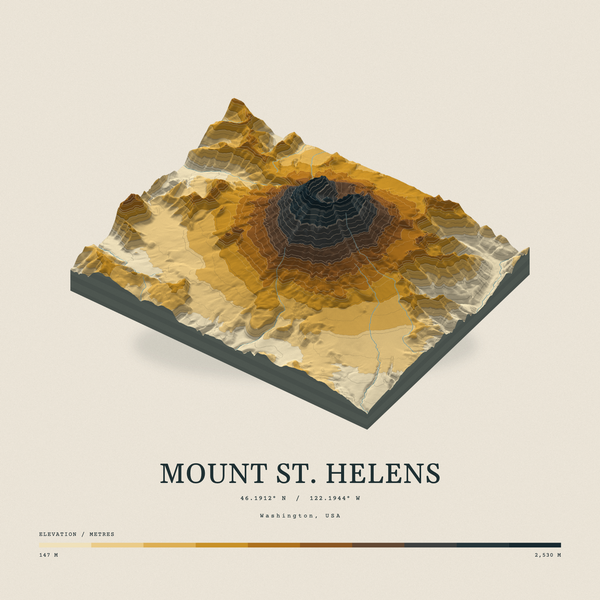 Mount St. Helens — Terrain Relief print in Saffron & Slate (square)