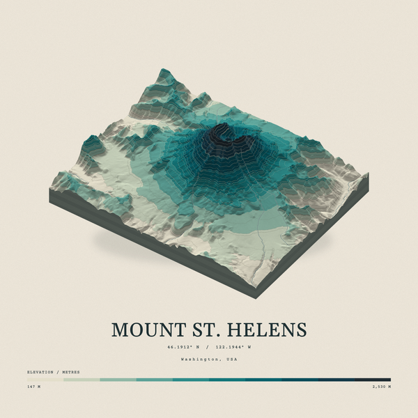 Mount St. Helens — Terrain Relief print in Alpine Teal (square)