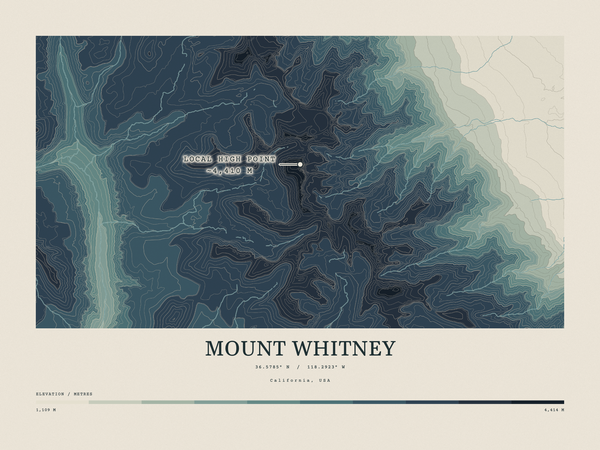 Mount Whitney — Contour Colour print in Graphite (landscape)