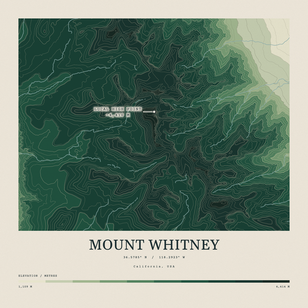 Mount Whitney — Contour Colour print in Forest Floor (square)