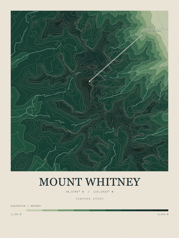 Mount Whitney — Contour Colour print in Forest Floor