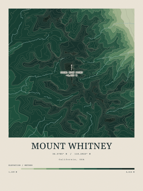 Mount Whitney — Contour Colour print in Forest Floor