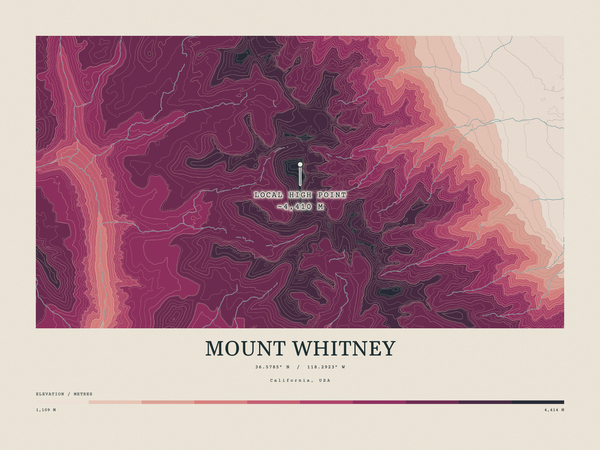Mount Whitney — Contour Colour print in Rose & Stone (landscape)