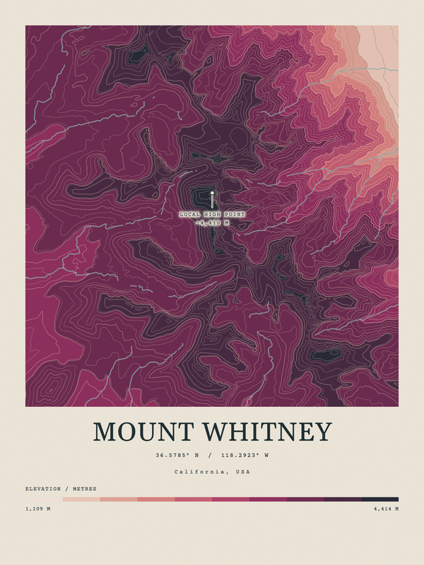 Mount Whitney — Contour Colour print in Rose & Stone