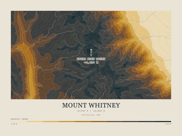 Mount Whitney — Contour Colour print in Saffron & Slate (landscape)