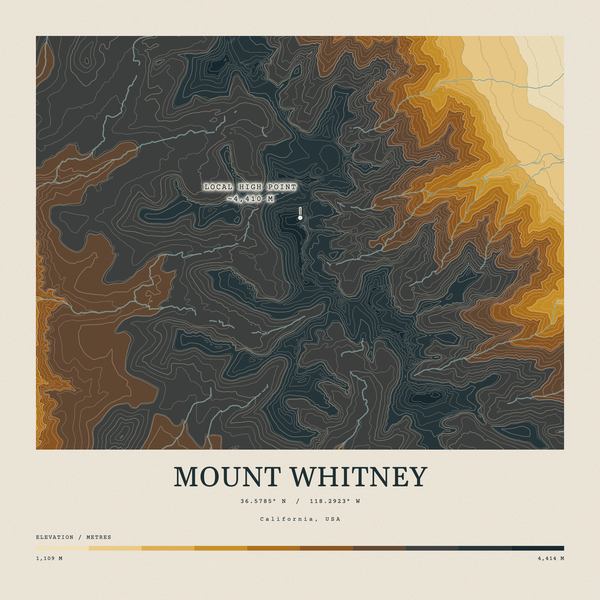 Mount Whitney — Contour Colour print in Saffron & Slate (square)