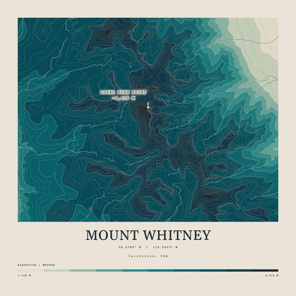 Mount Whitney — Contour Colour print in Alpine Teal (square)
