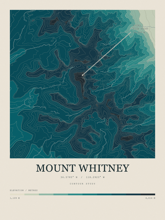 Mount Whitney — Contour Colour print in Alpine Teal