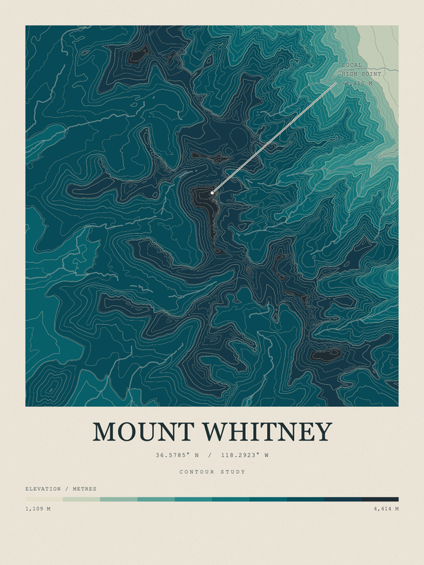 Mount Whitney — Contour Colour print in Alpine Teal