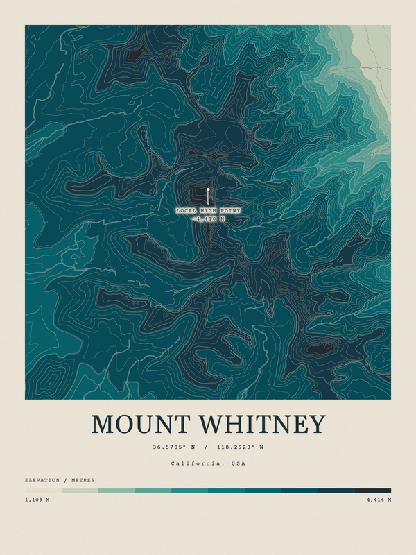 Mount Whitney — Contour Colour print in Alpine Teal