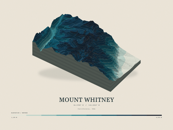 Mount Whitney — Terrain Relief print in Fjord (landscape)