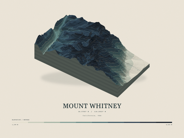 Mount Whitney — Terrain Relief print in Graphite (landscape)