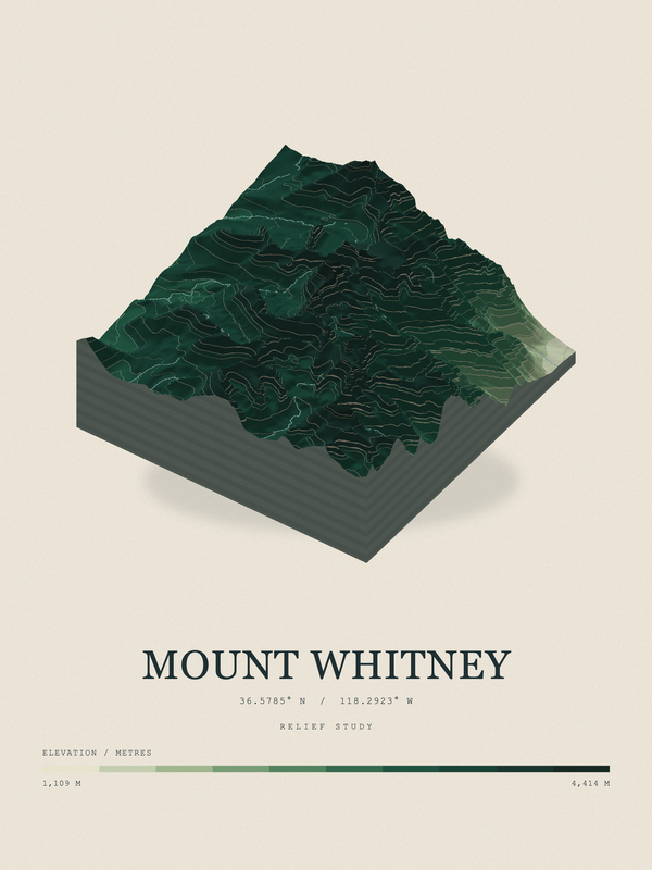 Mount Whitney — Terrain Relief print in Forest Floor