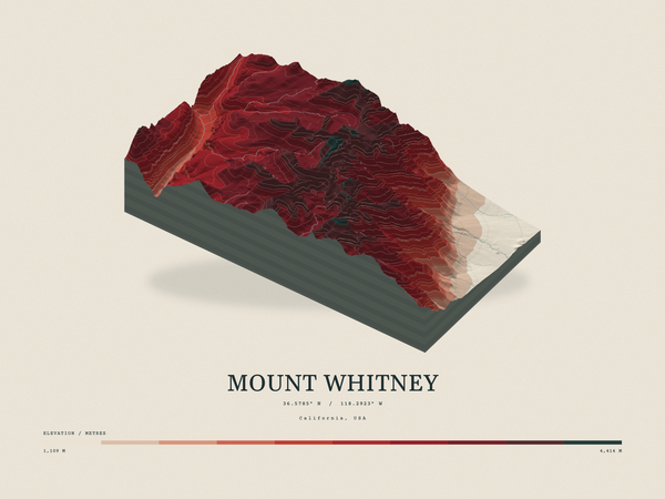 Mount Whitney — Terrain Relief print in Red Earth (landscape)