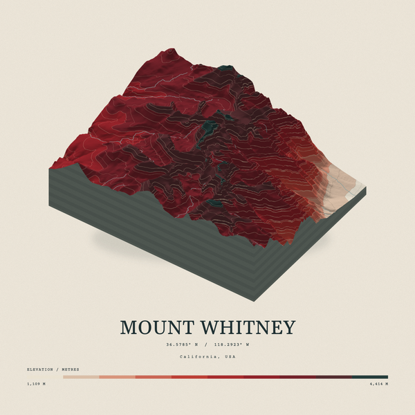 Mount Whitney — Terrain Relief print in Red Earth (square)