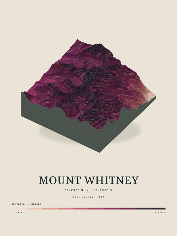 Mount Whitney — Terrain Relief print in Rose & Stone