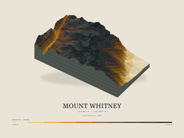 Mount Whitney — Terrain Relief print in Saffron & Slate (landscape)