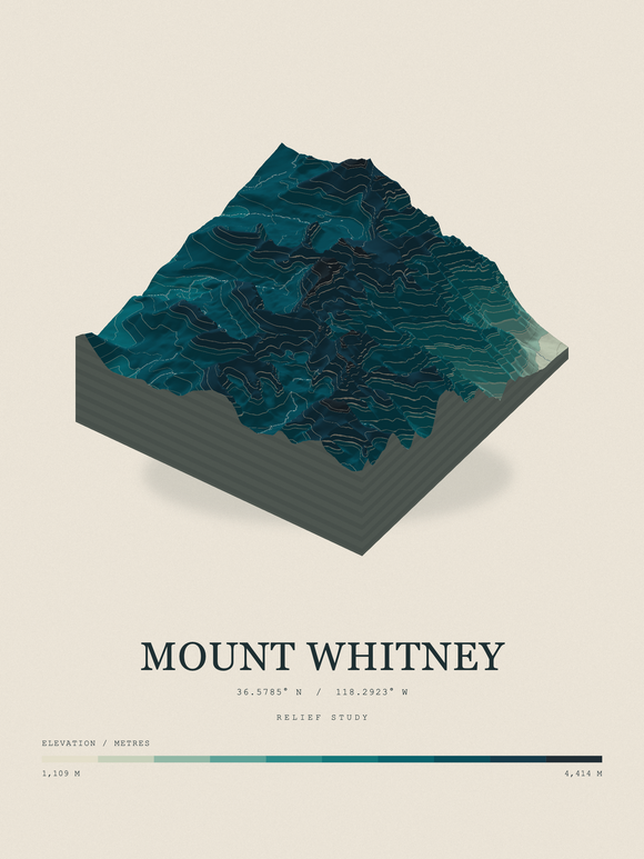 Mount Whitney — Terrain Relief print in Alpine Teal
