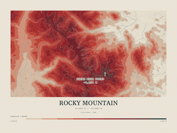 Rocky Mountain — Contour Colour print in Red Earth (landscape)