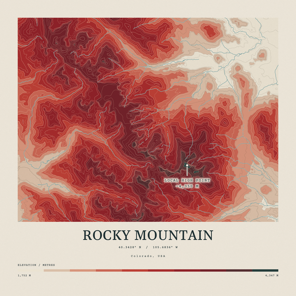 Rocky Mountain — Contour Colour print in Red Earth (square)