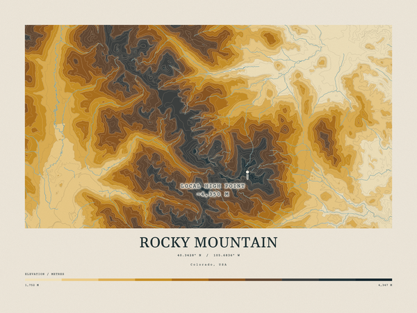 Rocky Mountain — Contour Colour print in Saffron & Slate (landscape)