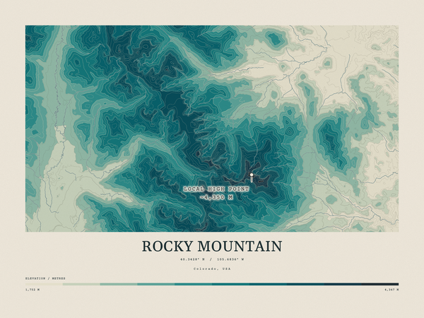 Rocky Mountain — Contour Colour print in Alpine Teal (landscape)