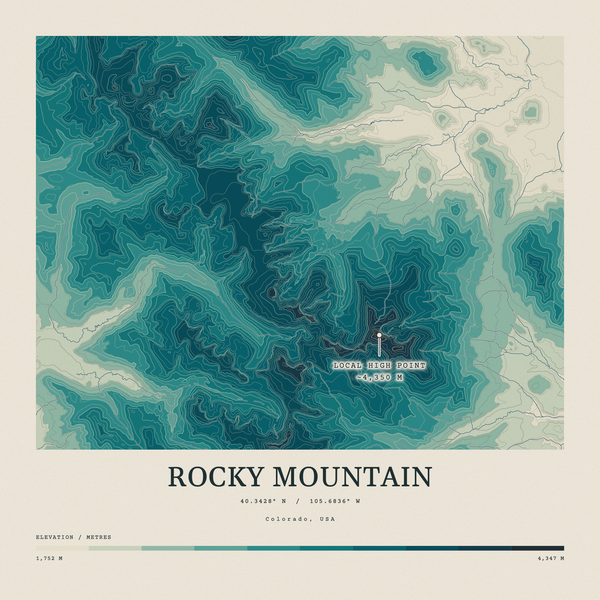 Rocky Mountain — Contour Colour print in Alpine Teal (square)