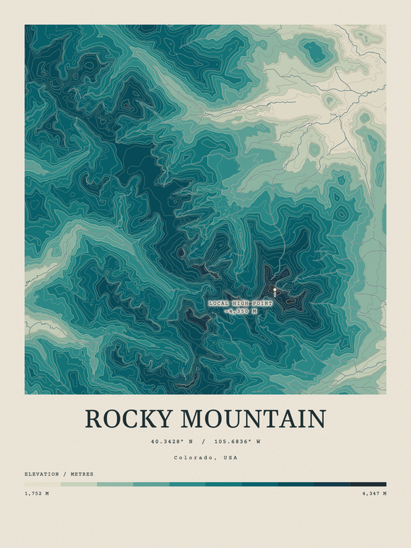 Rocky Mountain — Contour Colour print in Alpine Teal