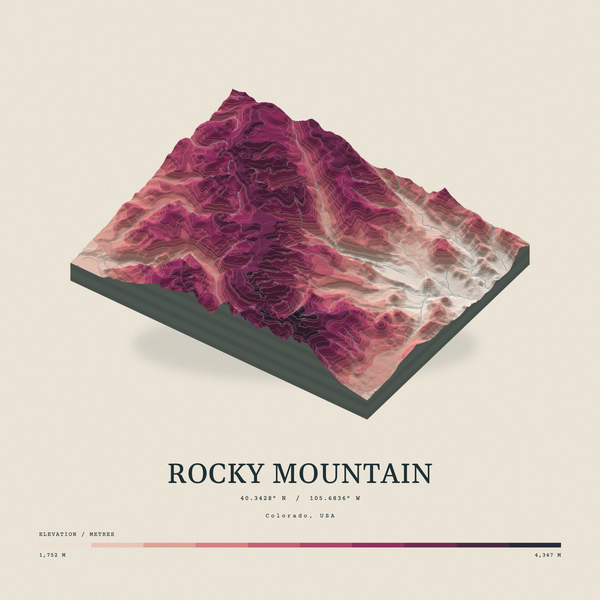 Rocky Mountain — Terrain Relief print in Rose & Stone (square)