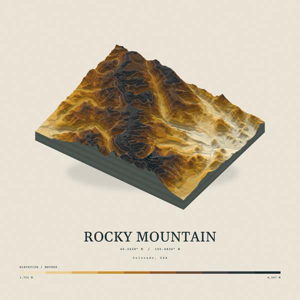 Rocky Mountain — Terrain Relief print in Saffron & Slate (square)