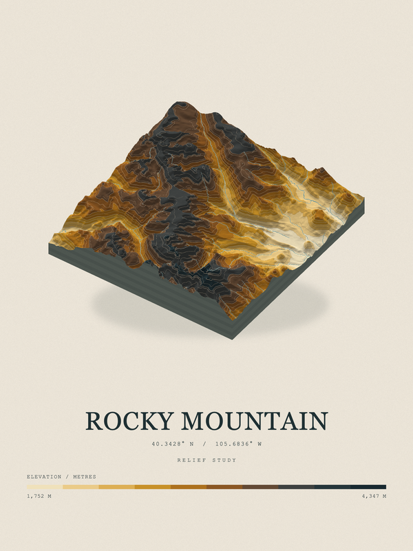 Rocky Mountain — Terrain Relief print in Saffron & Slate