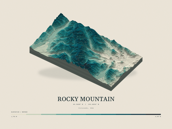 Rocky Mountain — Terrain Relief print in Alpine Teal (landscape)