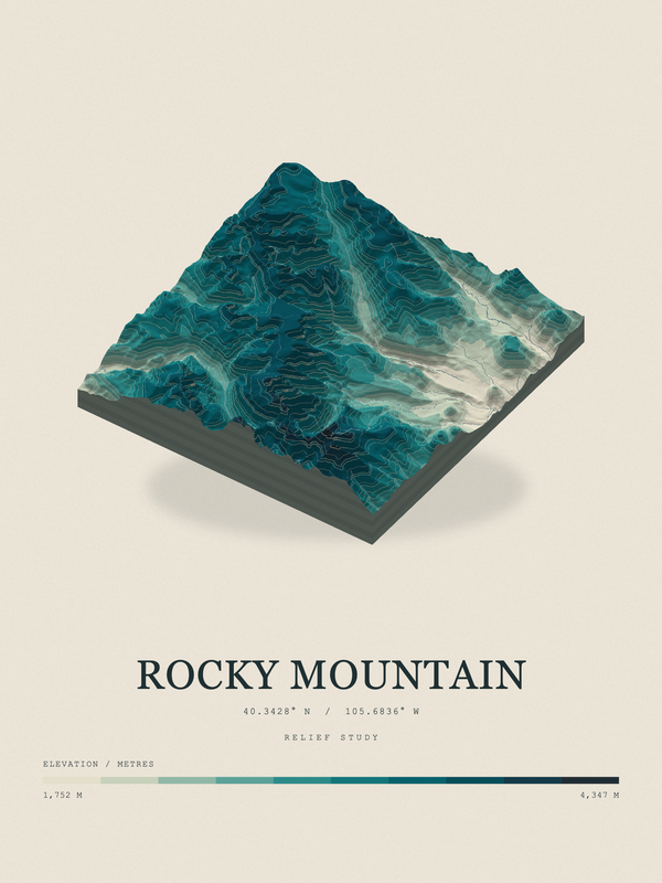 Rocky Mountain — Terrain Relief print in Alpine Teal