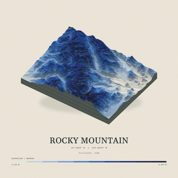 Rocky Mountain — Terrain Relief print in Ultramarine (square)