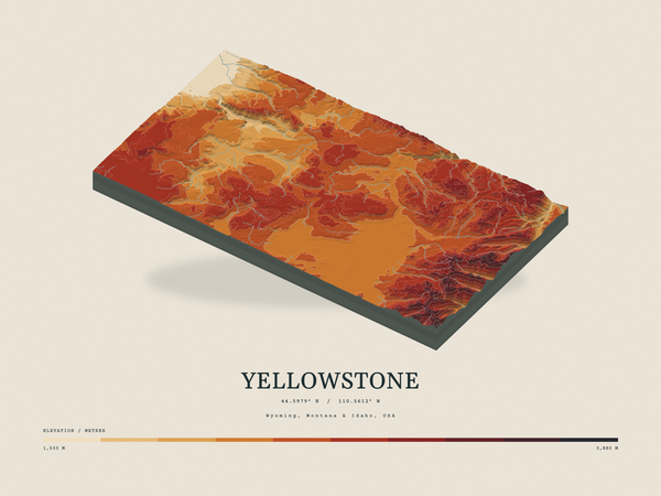 Yellowstone — Terrain Relief print in Ember & Ochre (landscape)